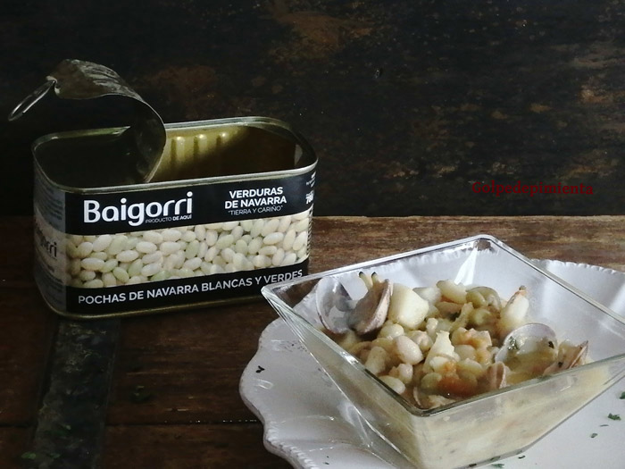 receta exprés de pochas en conserva BAIGORRI, con sepia y almejas